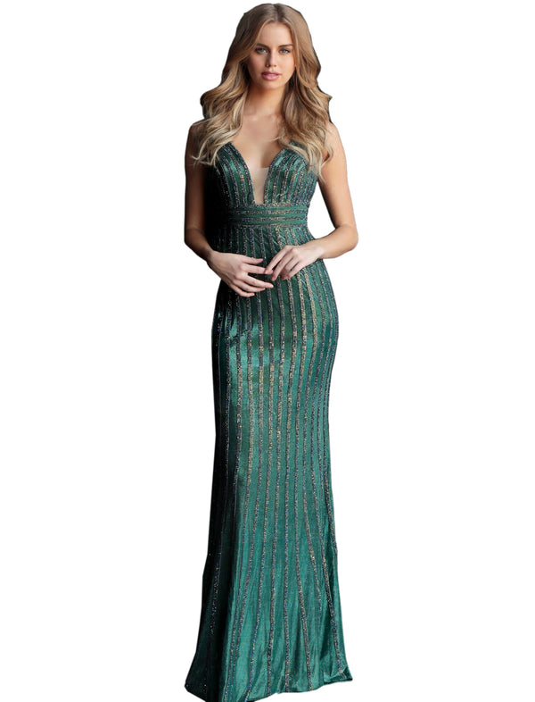 Jovani Green Beaded Plunging Neckline Prom Dress