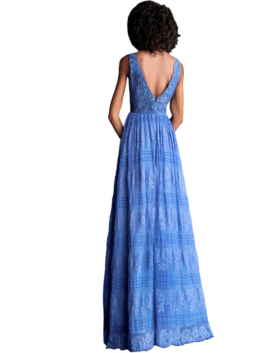 Jovani Blue Lace V Neck Sleeveless Flowy Prom Dress