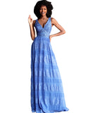 Jovani Blue Lace V Neck Sleeveless Flowy Prom Dress