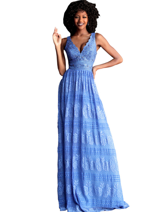 Jovani Blue Lace V Neck Sleeveless Flowy Prom Dress Saris and Things Jovani Blue Lace V Neck Sleeveless Flowy Prom Dress Saris and Things