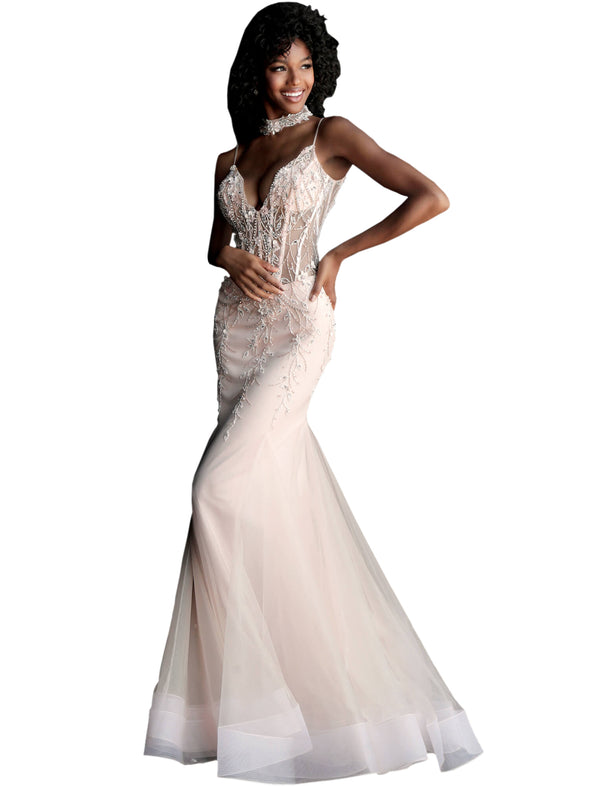 Jovani Blush Corset Bodice V Neck Mermaid Prom Dress