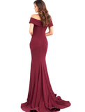 Jovani Burgundy Off the Shoulder Fitted Glitter Prom Dress