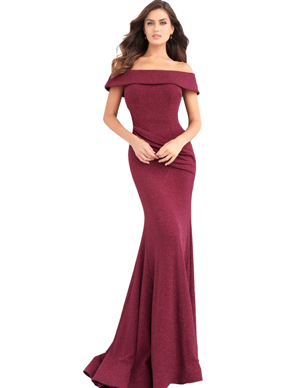 Jovani Burgundy Off the Shoulder Fitted Glitter Prom Dress