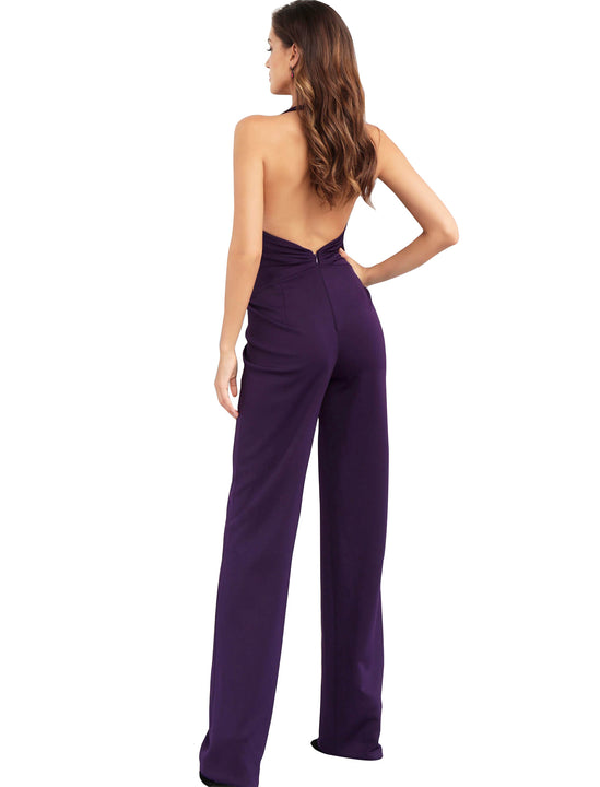 Jovani Purple Backless V Neck Prom Jumpsuit Dress