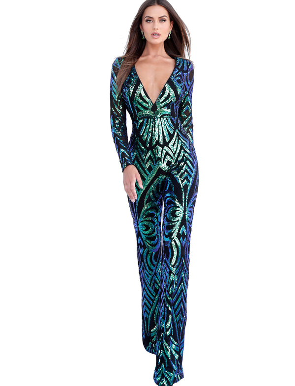 Jovani Black Peacock Embellished Long Sleeve Prom Jumpsuit Dress