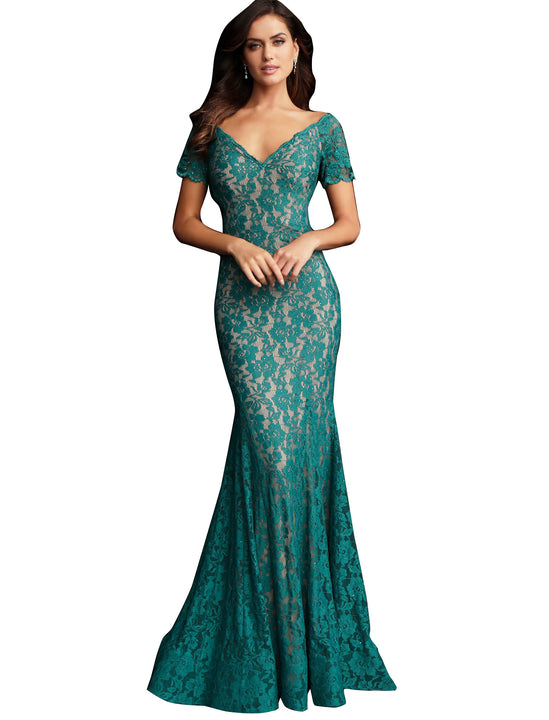 Jovani Emerald Embellished Lace Short Sleeve Prom Dress