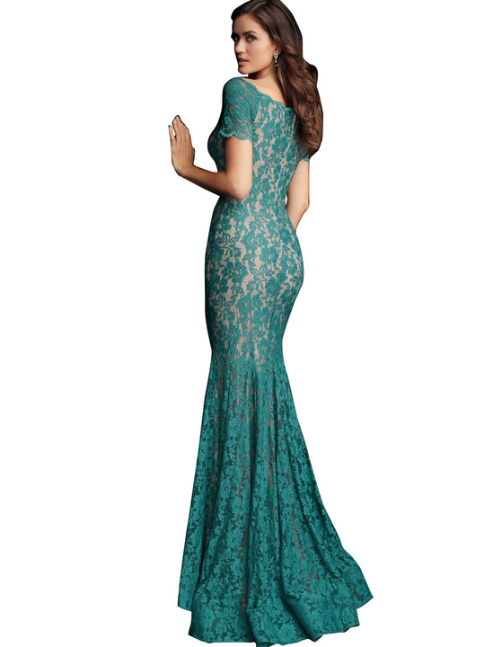 Jovani Emerald Embellished Lace Short Sleeve Prom Dress
