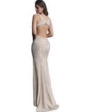 Jovani Champagne Open Back Embellished Prom Dress