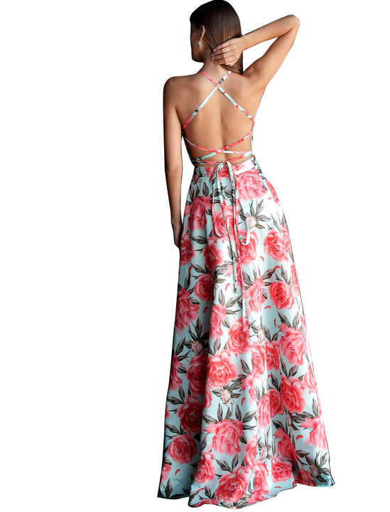 Jovani Tiffany Print Criss Cross Back Satin Prom Dress