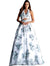 Jovani Ivory Blue Print Halter Neckline Prom Ballgown Dress