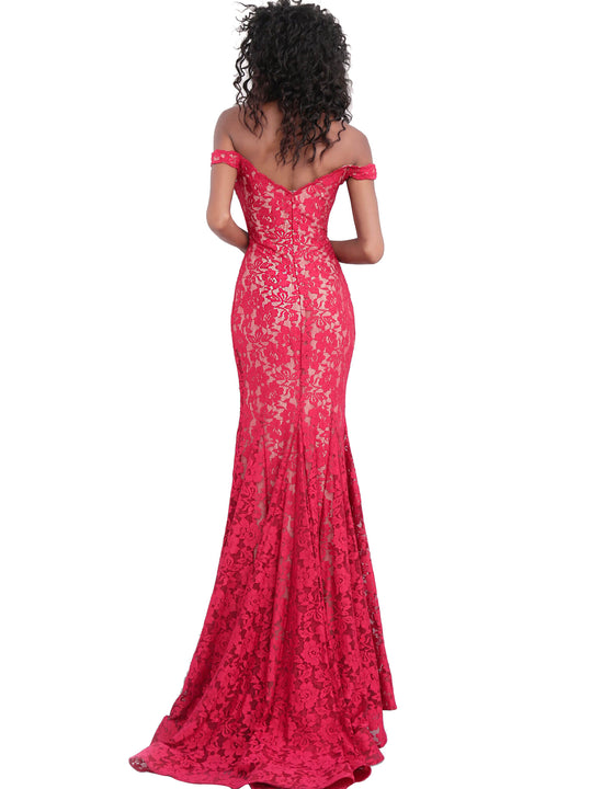 Jovani Red Off the Shoulder Plunging Neck Lace Prom Dress