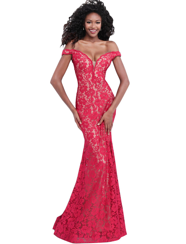 Jovani Red Off the Shoulder Plunging Neck Lace Prom Dress