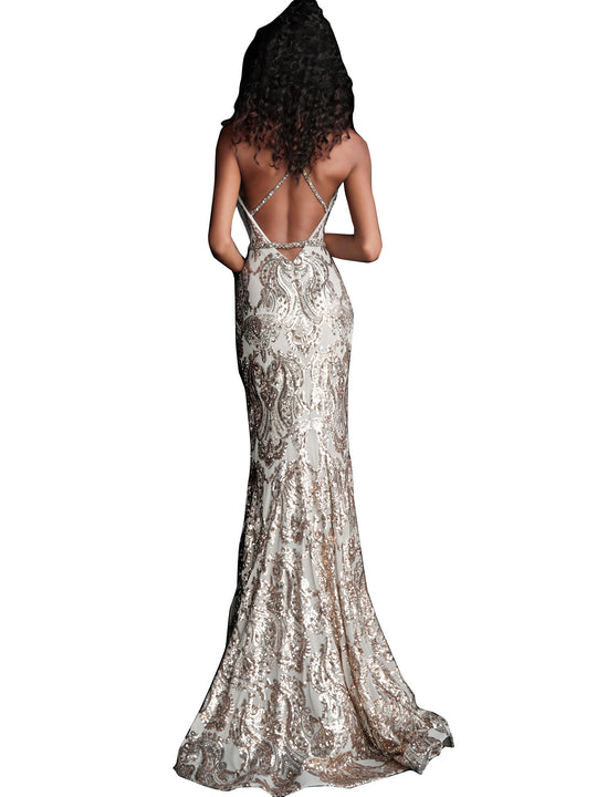 Jovani Gold Silver Criss Cross Back Embellished Prom Dress