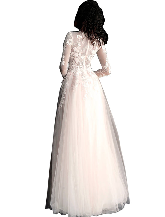 Jovani Blush Floral Appliques Long Sleeve Prom Ballgown Dress Jovani Blush Floral Appliques Long Sleeve Prom Ballgown Dress