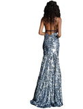 Jovani Blue Sequin Spaghetti Straps V Neck Prom Dress