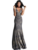Jovani Navy Gold V Neck Fitted Sleeveless Prom Dress