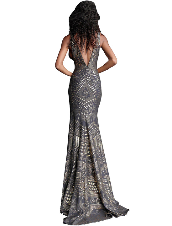 Jovani Navy Gold V Neck Fitted Sleeveless Prom Dress