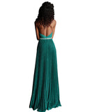 Jovani Emerald Crystal Embellished Belt Pleated Prom Dress
