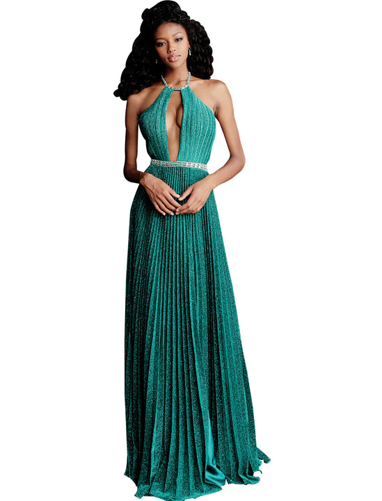 Jovani Emerald Crystal Embellished Belt Pleated Prom Dress
