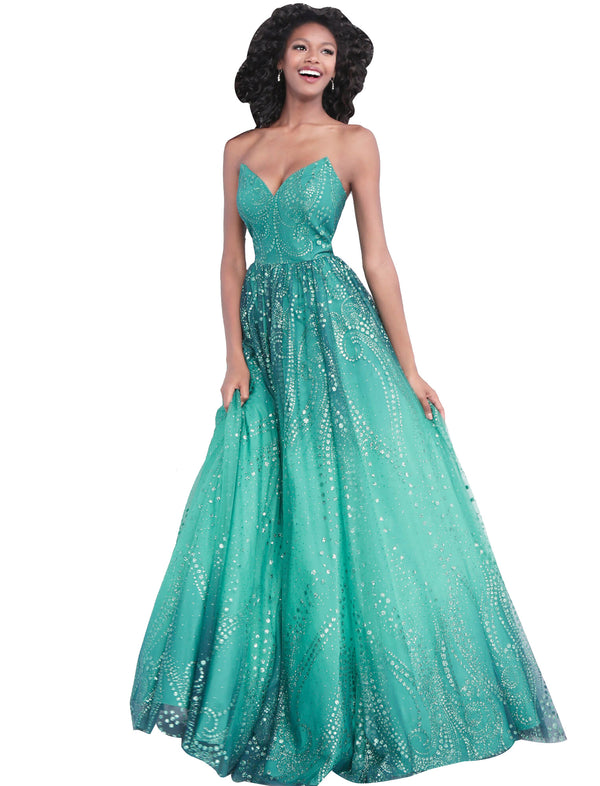 Jovani Emerald Glitter Embellished Off the Shoulder Prom Ballgown Dress