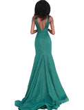 Jovani Hunter Low V Neck High Slit Glitter Prom Dress