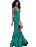 Jovani Hunter Low V Neck High Slit Glitter Prom Dress