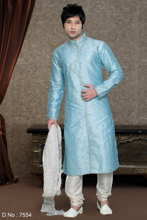 Royal Light Blue Embroidered Silk Kurta Multiple Sizes (Rent)