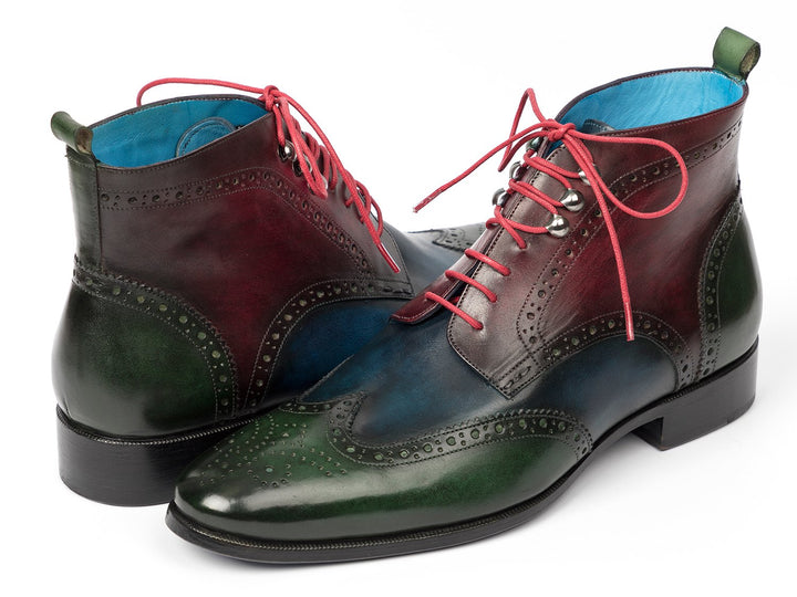 Paul Parkman Wingtip Ankle Boots Three Tone Green Blue Bordeaux (ID#777-GRN-BLU) Size 6.5-7 D(M) US