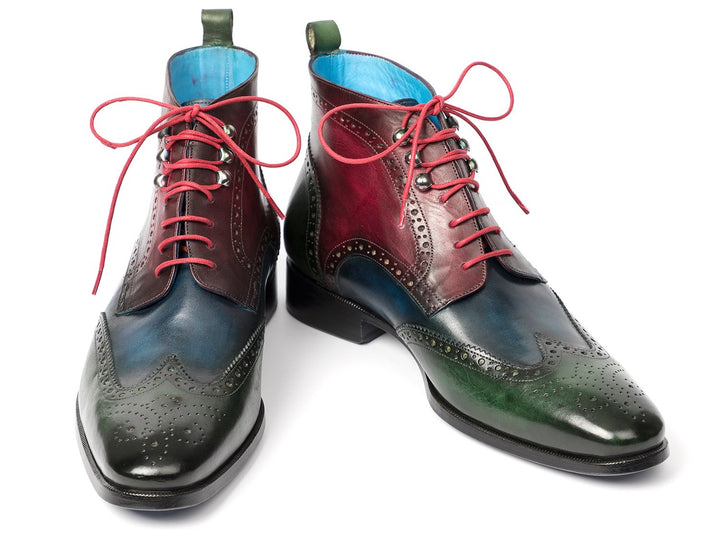 Paul Parkman Wingtip Ankle Boots Three Tone Green Blue Bordeaux (ID#777-GRN-BLU) Size 10.5-11 D(M) US