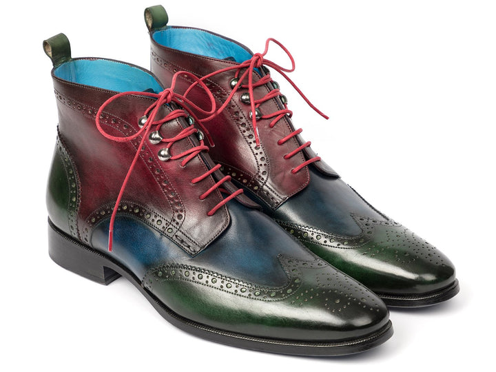 Paul Parkman Wingtip Ankle Boots Three Tone Green Blue Bordeaux (ID#777-GRN-BLU) Size 10.5-11 D(M) US