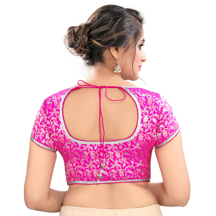 Designer Indian Traditional Pink Brocade Silk Padded  Cap Sleeves Saree Blouse Choli (Co-86B)