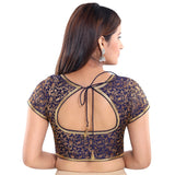 Designer Indian Traditional Navy Blue Brocade Silk Saree Blouse Choli with Round Neck(86B-Navy-Blue)