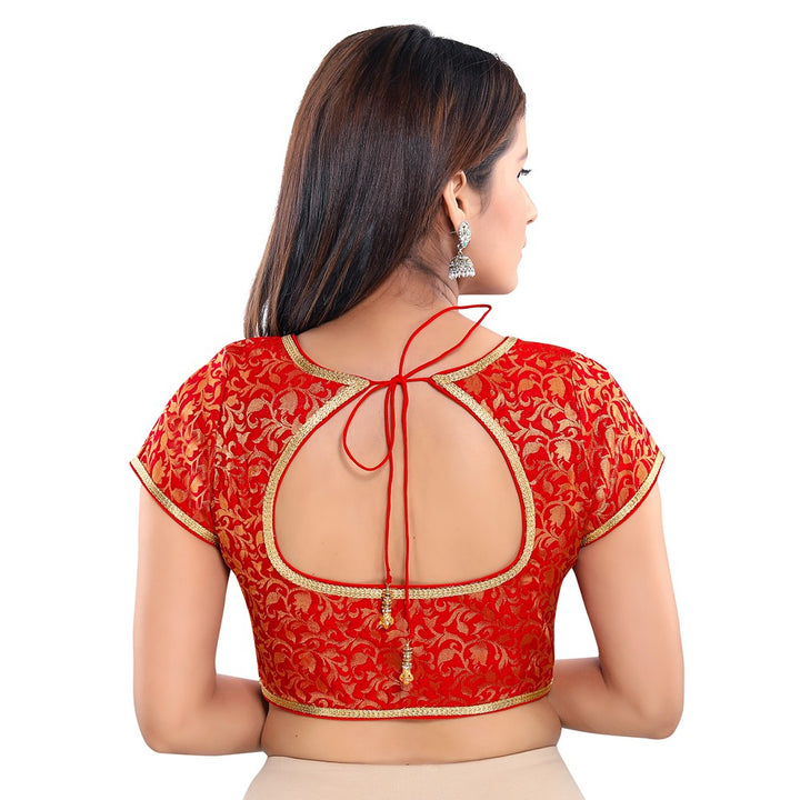 Designer Indian Traditional Red Brocade Silk Padded  Cap Sleeves Saree Blouse Choli (Co-86B)
