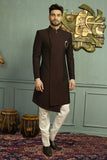 Stylish Asymmetrical Wine Black Indian Wedding Indo-Western Sherwani for Men -IW47825SNT