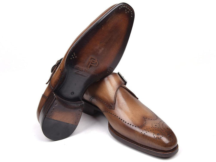 Paul Parkman Wingtip Single Monkstraps Brown & Camel Shoes (ID#98F54-BRW) Size 10.5-11 D(M) US