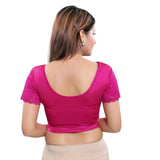 Designer Pink Non-Padded Stretchable Short Sleeves Saree Blouse Crop Top (A-11-Pink)