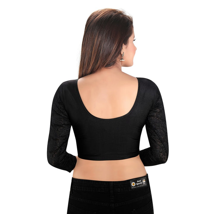 Designer Black Shimmer Non-Padded Stretchable Long Netted Sleeves Saree Blouse Crop Top (A-19-Black)