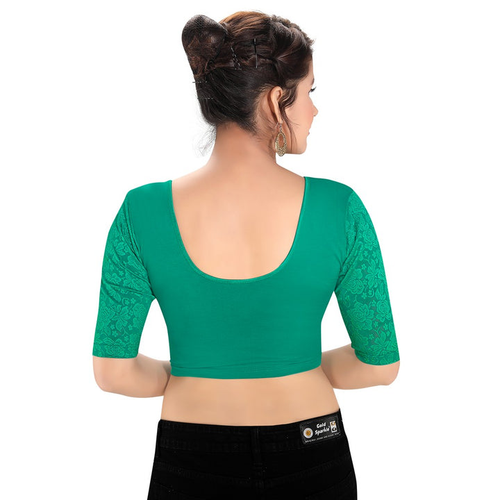 Designer Rama-Green Non-Padded Stretchable With Elbow Length Net Sleeves Saree Blouse Crop Top (A-26-Rama-Green)