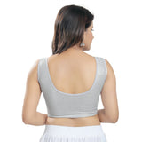 Designer Silver Lycra Non-Padded Stretchable Sleeveless Saree Blouse Crop Top (A-36-Silver)