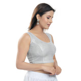 Designer Silver Lycra Non-Padded Stretchable Sleeveless Saree Blouse Crop Top (A-36-Silver)