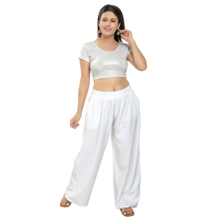 Designer Silver Lycra Non-Padded Stretchable Short Sleeves Saree Blouse Crop Top (A-37-Silver)