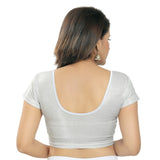 Designer Silver Lycra Non-Padded Stretchable Short Sleeves Saree Blouse Crop Top (A-37-Silver)