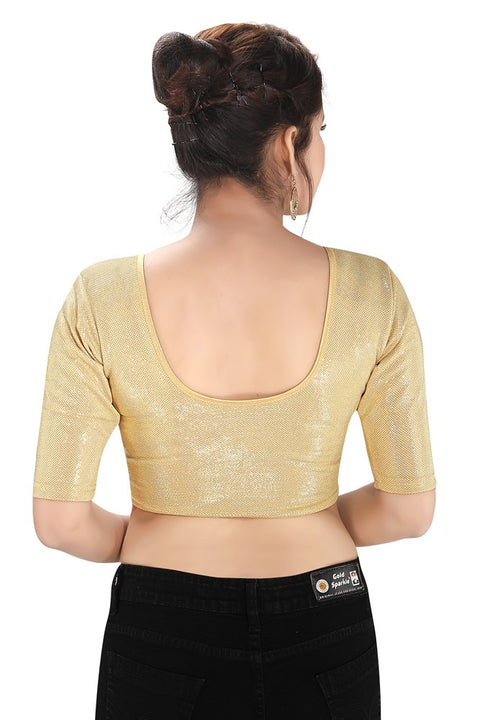 Designer Shimmer Gold Non-Padded Stretchable Round Neck Short Sleeves Saree Blouse Crop Top (A-38-Gold)