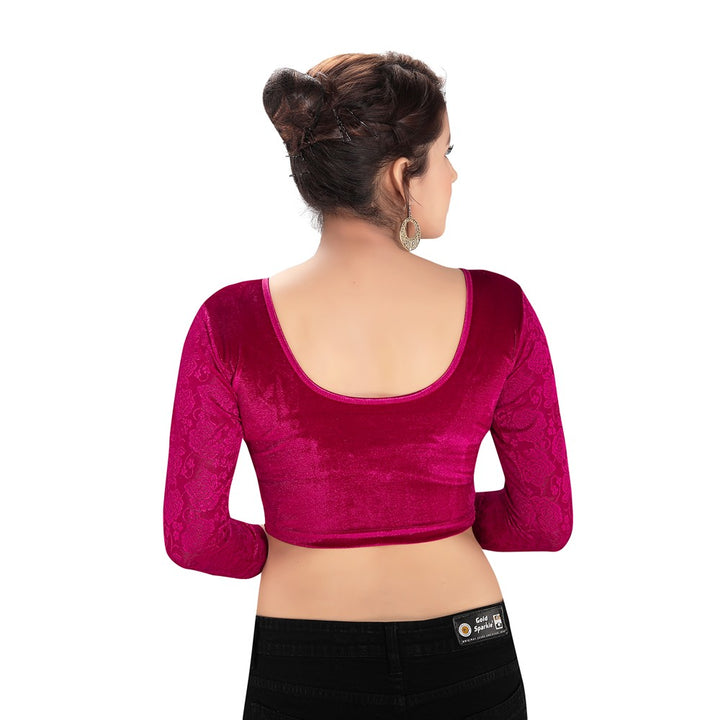 Designer Velvet Magenta Non-Padded Stretchable Round Neck Netted Full Sleeves Saree Blouse Crop Top (A-46-Magenta)