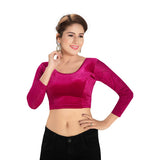 Designer Velvet Magenta Non-Padded Stretchable Round Neck Netted Full Sleeves Saree Blouse Crop Top (A-46-Magenta)