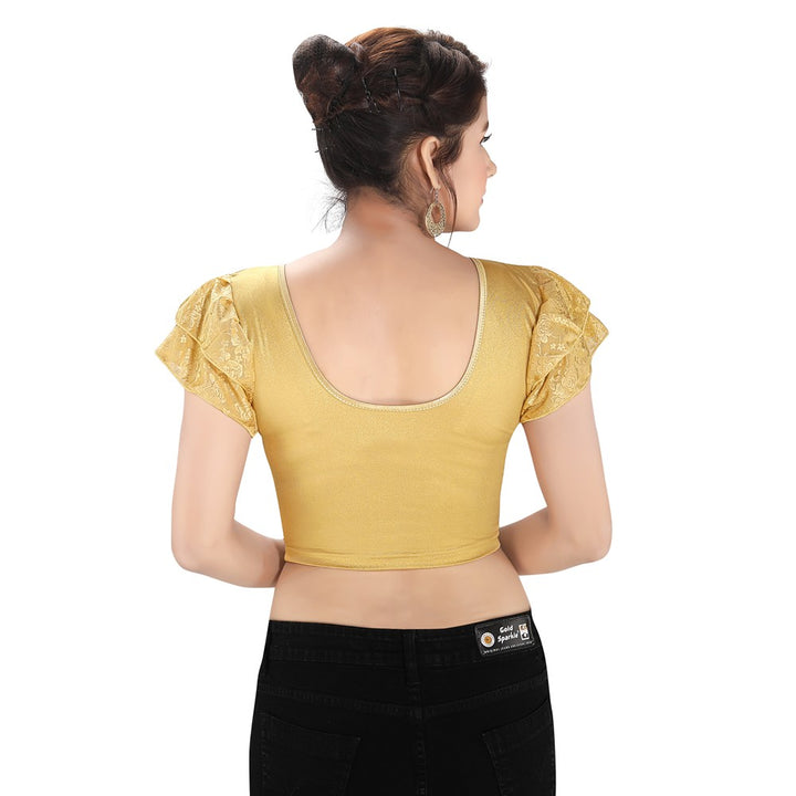 Designer Lycra Gold Shimmer Non-Padded Stretchable Round Neck Ruffle S –  Saris and Things