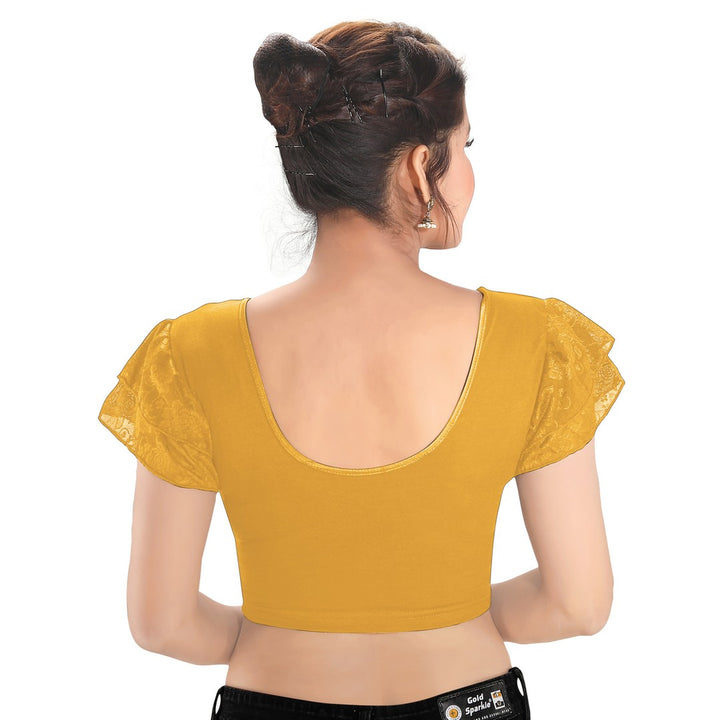 Designer Cotton Lycra Gold Non-Padded Stretchable Round Neck With Netted Ruffle Sleeves Saree Blouse Crop Top (A-63-Gold)