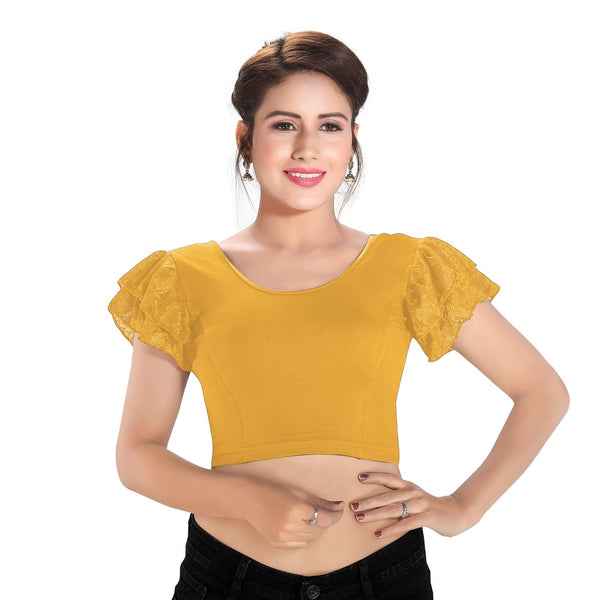 Designer Cotton Lycra Gold Non-Padded Stretchable Round Neck With Netted Ruffle Sleeves Saree Blouse Crop Top (A-63-Gold)