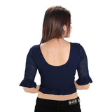 Designer Navy-Blue Cotton Lycra Non-Padded Stretchable Round Neck Frill Hems Sleeves Saree Blouse Crop Top (A-65-Navy-Blue)
