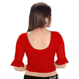 Designer Red Cotton Lycra Non-Padded Stretchable Round Neck Frill Hems Sleeves Saree Blouse Crop Top (A-65-Red)